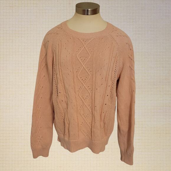 J.Crew XL Pink Cotton Cable Knit Crewneck Sweater Breathable Pullover - Picture 1 of 5